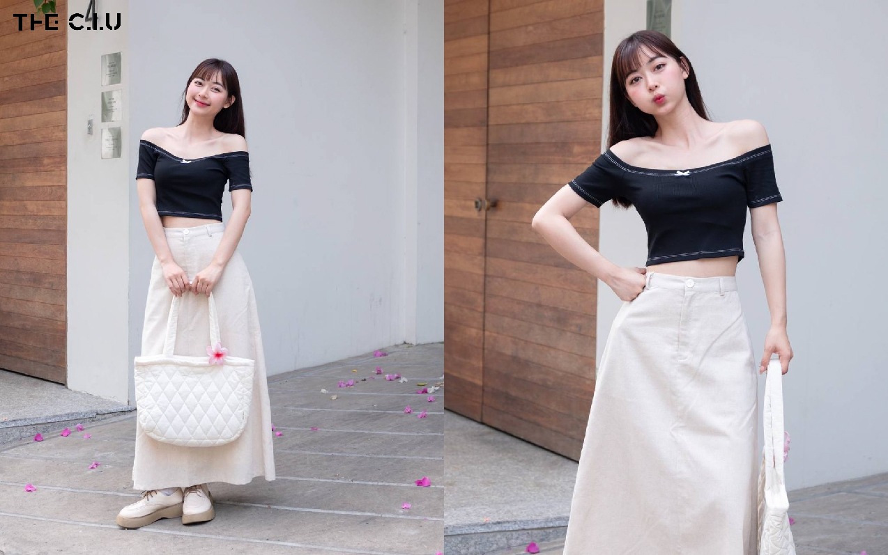Áo croptop và chân váy dài tạo nên sự mềm mại, nữ tính