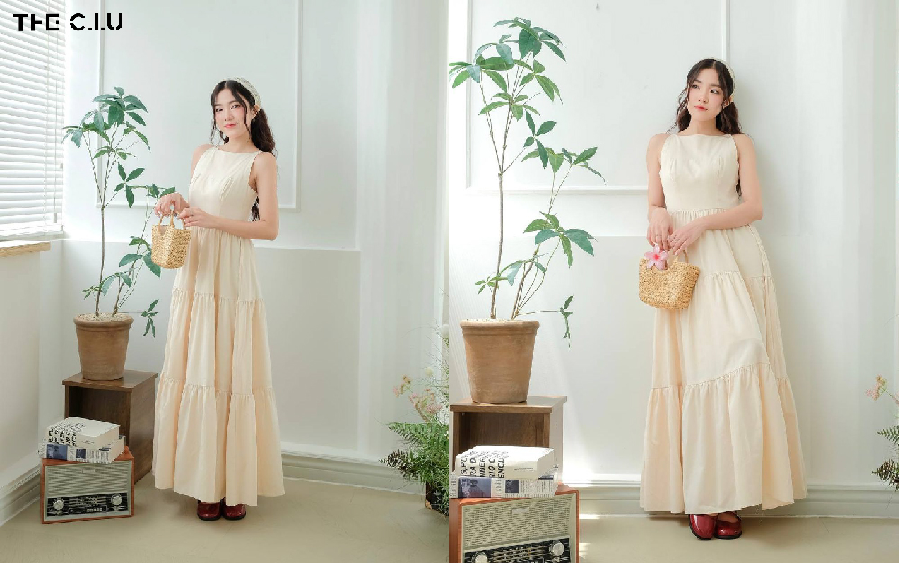 Đầm hai dây maxi xinh xắn là lựa chọn tuyệt vời trong các set đồ đi đám cưới cho nữ cá tính