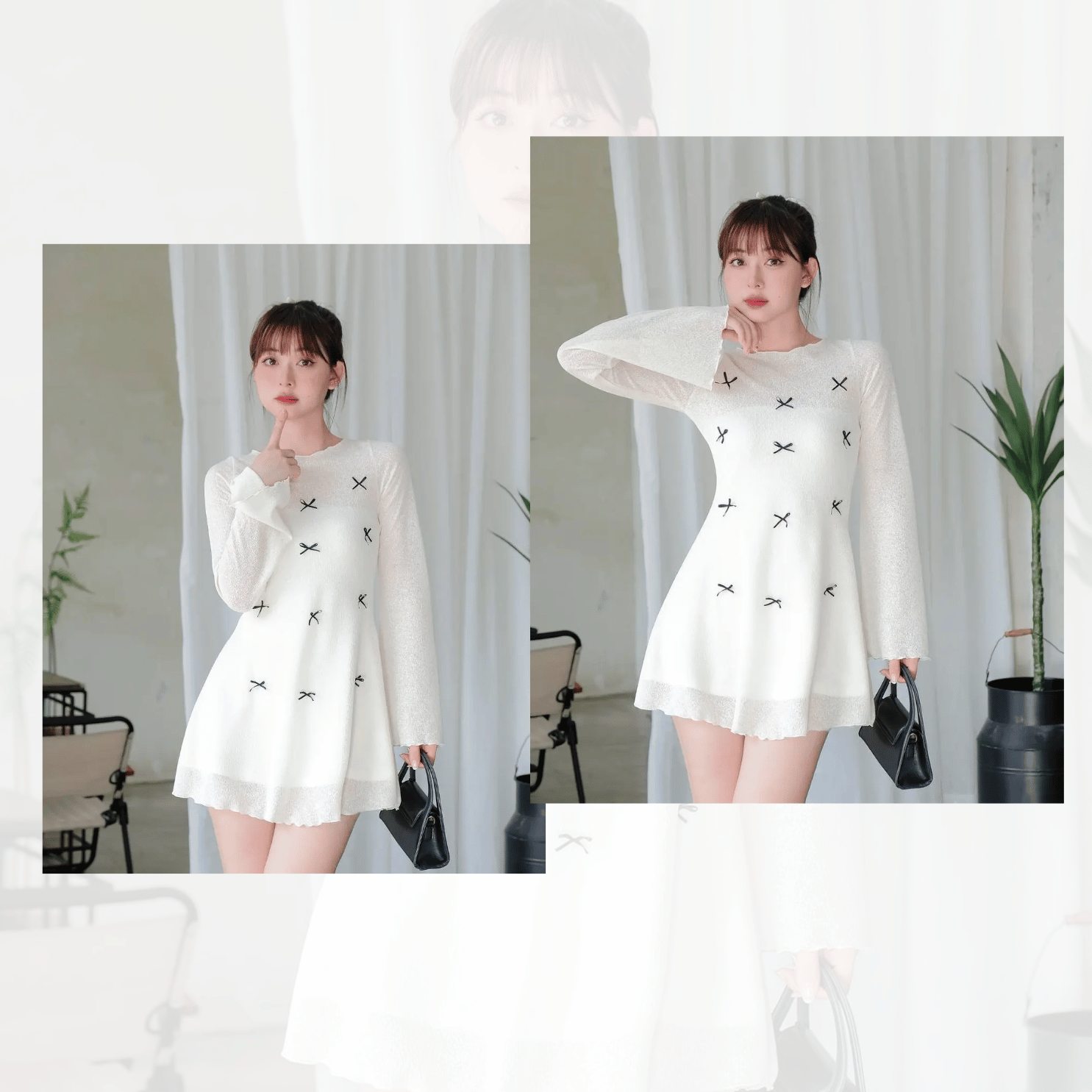 Review Đầm Ngắn Tay Dài Phối Nơ Thun Giấy Siêu Xinh Yêu Từ THE C.I.U