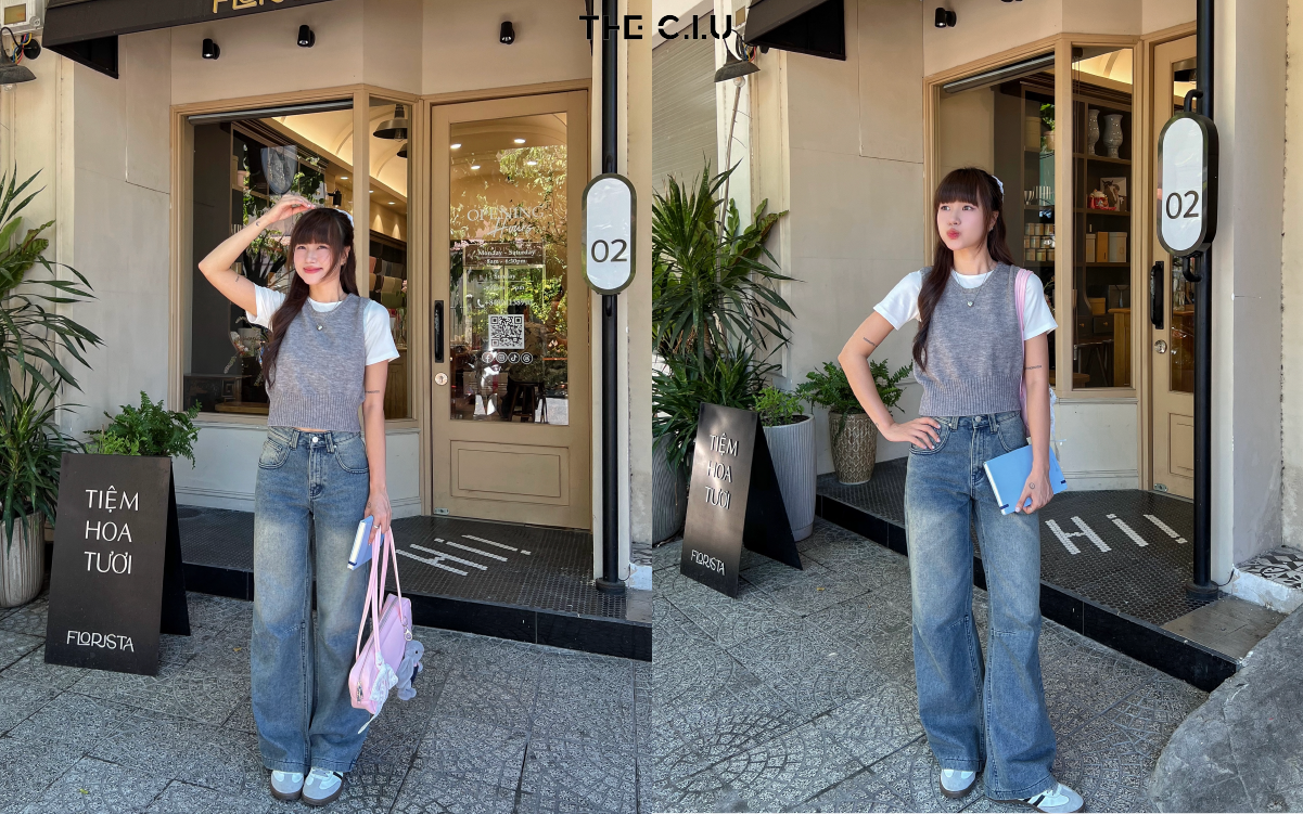 Áo gile len cổ tròn, quần jeans và giày thể thao mang đến vẻ ngoài ngọt ngào, ấm áp và thời trang cho mùa đông